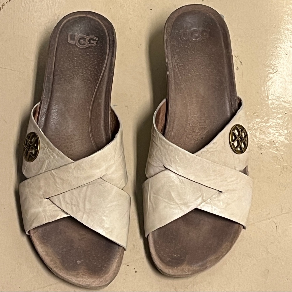 UGG Wedge Sandals Lyra Cream Logo Charm Cork Heel Slip On Memory Foam